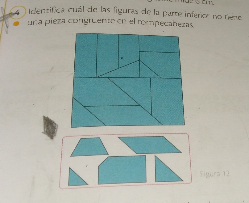 dé 6 cm. 
4 Identifica cuál de las figuras de la parte inferior no tiene 
una pieza congruente en el rompecabezas. 
Figura 12