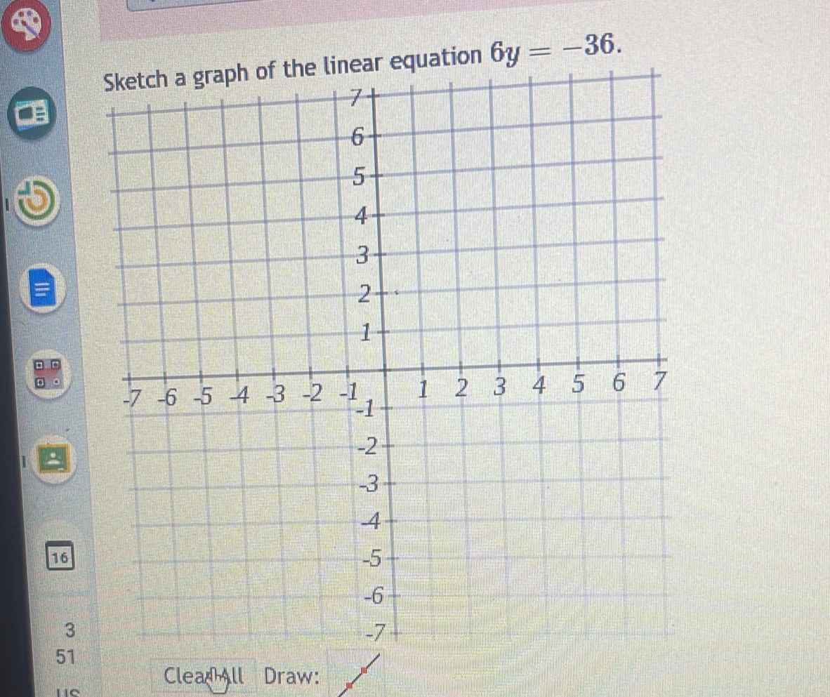 ar equation 6y=-36.
16
3
51
1C
Clea All Draw: