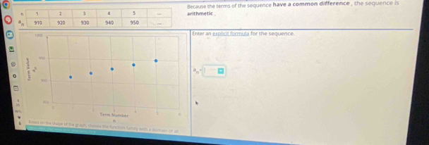 arithmetic . Because the terms of the sequence have a common difference , the sequence is 
aEnter an explicit formula for the sequence.
a_n=□
omain of all