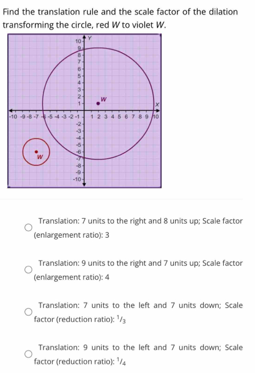 Find the translation rule and the scale factor of the dilation
transforming the circle, red W to violet W.
-
Translation: 7 units to the right and 8 units up; Scale factor
(enlargement ratio): 3
Translation: 9 units to the right and 7 units up; Scale factor
(enlargement ratio): 4
Translation: 7 units to the left and 7 units down; Scale
factor (reduction ratio): 1/₃
Translation: 9 units to the left and 7 units down; Scale
factor (reduction ratio): 1/4