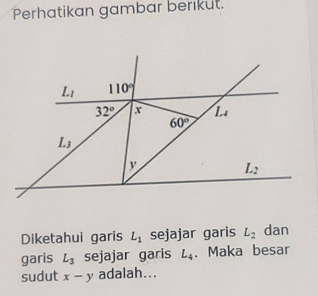 Perhatikan gambar berikut.
Diketahui garis L_1 sejajar garis L_2 dan
garis L_3 sejajar garis L_4. Maka besar
sudut x-y adalah...