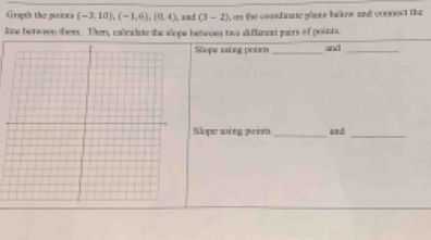 Graph the paints (-3,10), (-1,6), (0,4). amd (3-2) , on the coasdinase plase below and connect the 
line between thees. Then, callcalue the slope between two differcat pairs of pounts. 
Slope using poiet _and_ 
Slope using points _and 
_