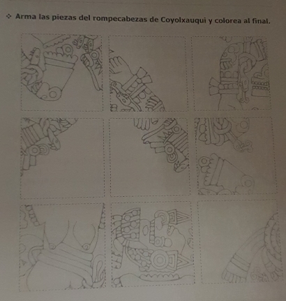 ÷ Arma las piezas del rompecabezas de Coyolxauqui y colorea al final.