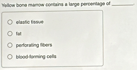 Yellow bone marrow contains a large percentage of _.
elastic tissue
fat
perforating fibers
blood-forming cells