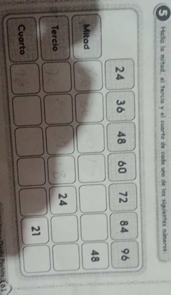 Halla la mitad, el tercio y el cuarto de cada uno de los siguientes números:
24 36 48 60 72 84 96
48
Mitad
24
Tercio
21
Cuarto 
idie Pochito (61