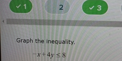 1 2 
3 
Graph the inequality.
-x+4y≤ 8