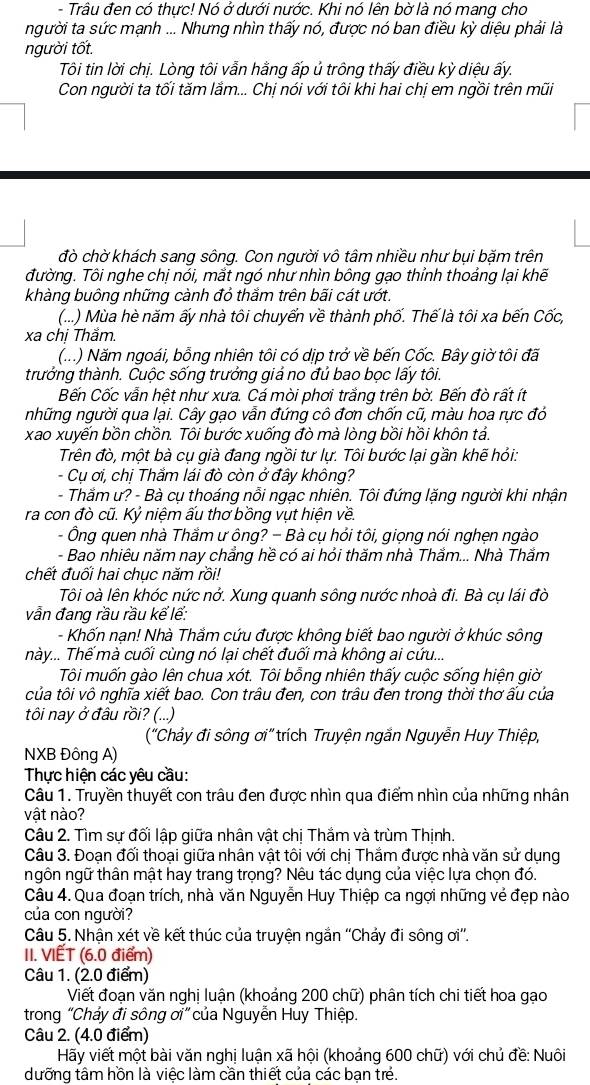 Trâu đen có thực! Nó ở dưới nước. Khi nó lên bờ là nó mang cho
người ta sức mạnh ... Nhưng nhìn thấy nó, được nó ban điều kỳ diệu phải là
người tốt.
Tôi tin lời chị. Lòng tôi vẫn hằng ấp ủ trông thấy điều kỳ diệu ấy.
Con người ta tối tăm lắm... Chị nói với tôi khi hai chị em ngồi trên mũi
đò chờ khách sang sông. Con người vô tâm nhiều như bụi bặm trên
Tường. Tôi nghe chị nói, mắt ngó như nhìn bông gạo thỉnh thoảng lại khế
khàng buông những cành đỏ thắm trên bãi cát ướt.
(...) Mùa hè năm ấy nhà tôi chuyến về thành phố. Thế là tôi xa bến Cốc,
xa chị Thẩm.
(...) Năm ngoái, bỗng nhiên tôi có dịp trở về bến Cốc. Bây giờ tôi đã
trưởng thành. Cuộc sống trưởng giả no đủ bao bọc lấy tôi.
Bến Cốc vẫn hệt như xưa. Cá mòi phơi trắng trên bờ. Bến đò rất ít
những người qua lại. Cây gạo vẫn đứng cô đơn chốn cũ, màu hoa rực đỏ
xao xuyến bồn chồn. Tôi bước xuống đò mà lòng bồi hồi khôn tả.
Trên đò, một bà cụ già đang ngồi tư lự. Tôi bước lại gần khẽ hỏi:
- Cụ ơi, chị Thắm lái đò còn ở đây không?
- Thằm ư? - Bà cụ thoáng nỗi ngạc nhiên. Tôi đứng lặng người khi nhận
ra con đò cũ. Kỷ niệm ấu thơ bồng vụt hiện về.
- Ông quen nhà Thắm ư ông? − Bà cụ hỏi tôi, giọng nói nghẹn ngào
- Bao nhiêu năm nay chẳng hề có ai hỏi thăm nhà Thắm... Nhà Thắm
chết đuối hai chục năm rồi!
Tôi oà lên khóc nức nở. Xung quanh sông nước nhoà đi. Bà cụ lái đờ
vẫn đang rầu rầu kể lể:
- Khốn nạn! Nhà Thắm cứu được không biết bao người ở khúc sông
này... Thế mà cuối cùng nó lại chết đuối mà không ai cứu...
Tôi muốn gào lên chua xót. Tôi bỗng nhiên thấy cuộc sống hiện giờ
của tôi vô nghĩa xiết bao. Con trâu đen, con trâu đen trong thời thơ ấu của
tôi nay ở đâu rồi? (...)
(“Chảy đi sông ơi” trích Truyện ngắn Nguyễn Huy Thiệp,
NXB Đông A)
Thực hiện các yêu cầu:
Câu 1. Truyền thuyết con trâu đen được nhìn qua điểm nhìn của những nhân
vật nào?
Câu 2. Tìm sự đối lập giữa nhân vật chị Thắm và trùm Thịnh.
Câu 3. Đoạn đối thoại giữa nhân vật tôi với chị Thắm được nhà văn sử dụng
ngôn ngữ thân mật hay trang trọng? Nêu tác dụng của việc lựa chọn đó.
Câu 4. Qua đoạn trích, nhà văn Nguyễn Huy Thiệp ca ngợi những vẻ đẹp nào
của con người?
Câu 5. Nhận xét về kết thúc của truyện ngắn ''Chảy đi sông ơi''.
II. VIẾT (6.0 điểm)
Câu 1. (2.0 điểm)
Viết đoạn văn nghị luận (khoảng 200 chữ) phân tích chi tiết hoa gạo
trong “Chảy đi sông ơi” của Nguyễn Huy Thiệp.
Câu 2. (4.0 điểm)
Hãy viết một bài văn nghị luận xã hội (khoảng 600 chữ) với chủ đề: Nuôi
dưỡng tâm hồn là việc làm cần thiết của các bạn trẻ.