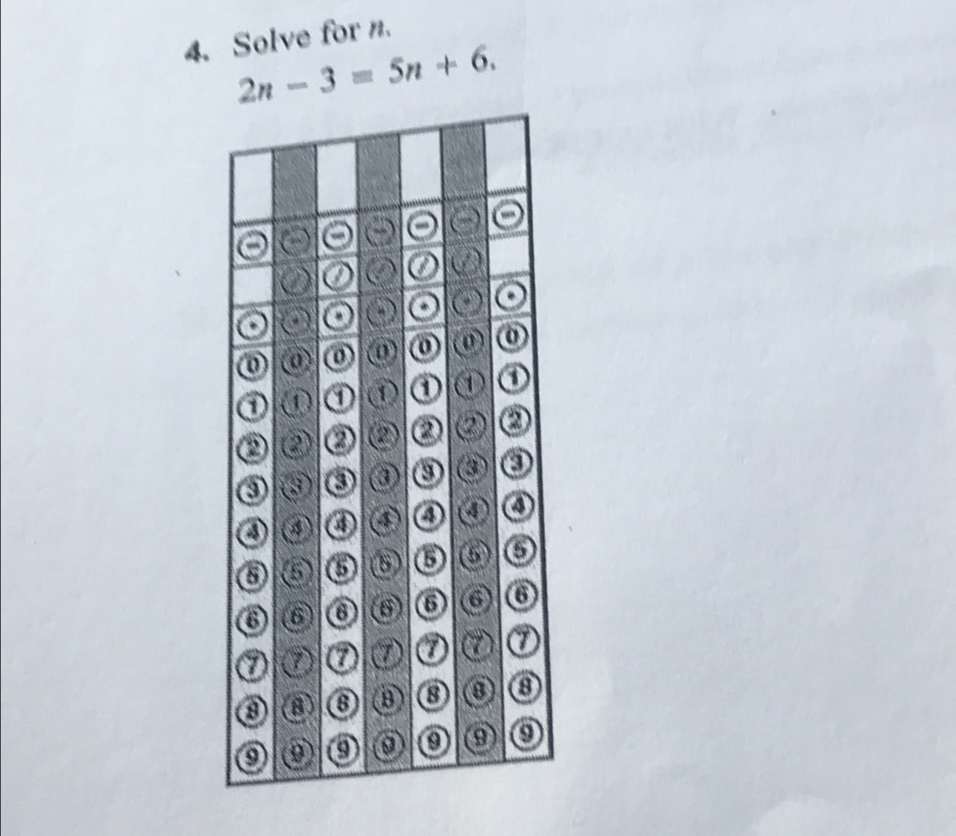 Solve for n.
2n-3=5n+6.