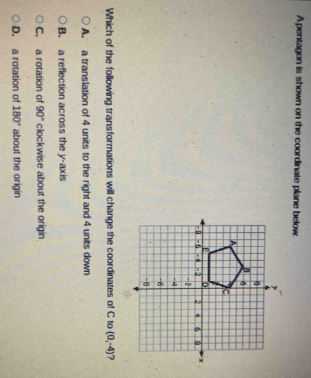 A pentagon is shown on the coordinate plane below.
Which of the following transformations will change the coordinates of C to (0,-4)
A. a translation of 4 units to the right and 4 units down
B. a reflection across the y-axis
C. a rotation of 90° clockwise about the origin
D. a rotation of 180° about the origin