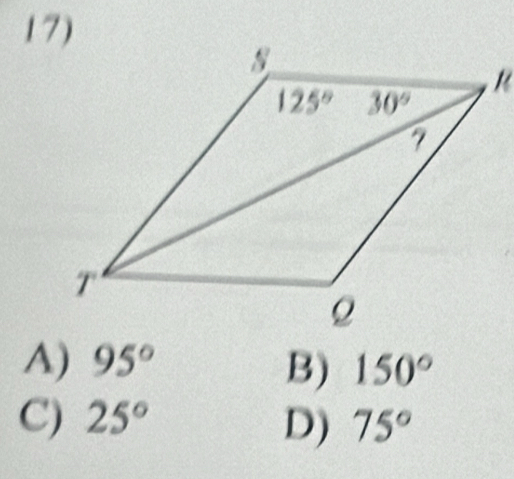 A) 95° B) 150°
C) 25° D) 75°