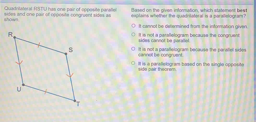 Solved: Quadrilateral RSTU has one pair of opposite parallel Based on ...