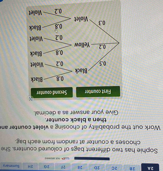 2A 2B 2C 2D 2E 2F 2G 2H Summary 
not allowed 
Sophie has two different bags of coloured counters. She 
chooses a counter at random from each bag. 
Work out the probability of choosing a violet counter and 
then a black counter. 
Give your answer as a decimal. 
First counter Second counter