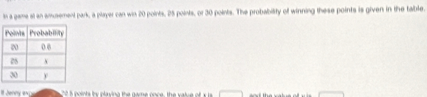 In a game at an amusement park, a player can win 20 points, 25 points, or 30 points. The probability of winning these points is given in the table. 
t Jenny ex 22 5 points by playing the game once, the value of x s □ x=frac m