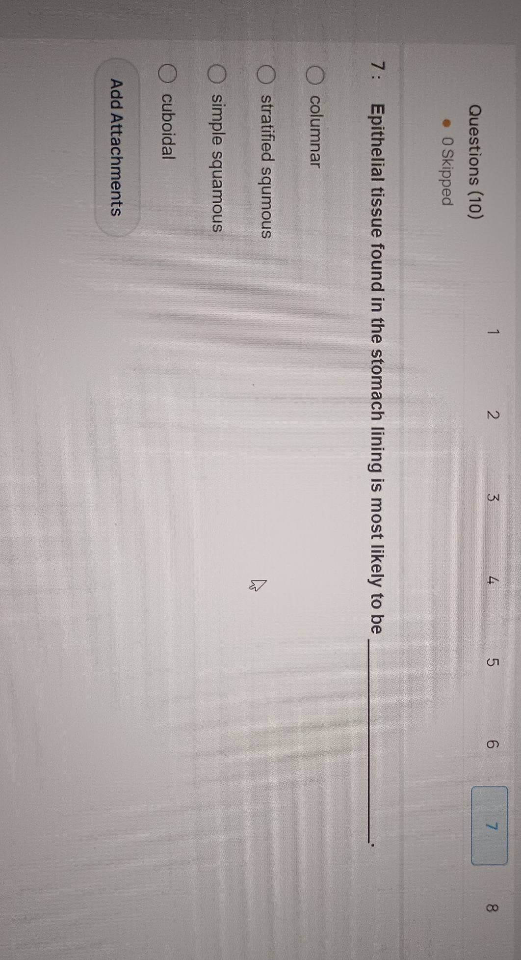 1
2
3
4
5
6
7
8
Questions (10)
0 Skipped
7 : Epithelial tissue found in the stomach lining is most likely to be_
columnar
stratified squmous
simple squamous
cuboidal
Add Attachments