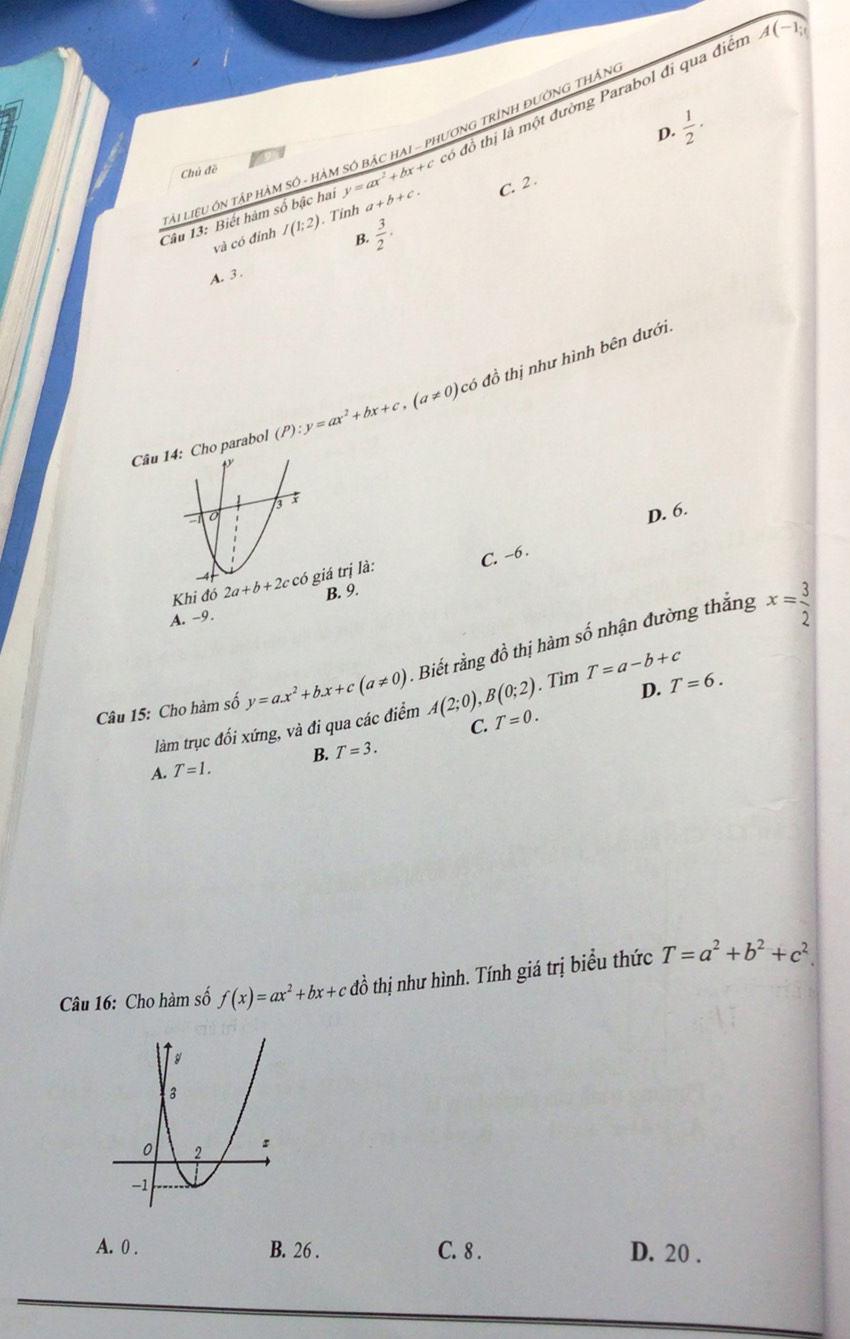 đó đồ thị là một đường Parabol đi qua điểt A(-1,
D.  1/2 ·
lài liệu ôn tập hàm số - hàm số bảc hai - phươnG trìnH đườNG tHần
Chủ đề
Câu 13: Biết hàm số bậc hai y=ax^2+bx+c a+b+c. C. 2.
và có đinh I(1:2). Tính
B.  3/2 ·
A. 3 .
Câu ho parabol (P):y=ax^2+bx+c,(a!= 0)co có đồ thị như hình bên dưới
D. 6.
là:
C. −6 .
K i đó giá trj
A. −9. B. 9.
Câu 15: Cho hàm số y=ax^2+bx+c(a!= 0) 1 Biết rằng đồ thị hàm số nhận đường thắng
x= 3/2 . Tìm T=a-b+c
D. T=6.
C.
làm trục đối xứng, và đi qua các điểm A(2;0),B(0;2) T=0.
A. T=1. B. T=3.
Câu 16: Cho hàm số f(x)=ax^2+bx+cdhat o thị như hình. Tính giá trị biểu thức T=a^2+b^2+c^2.
A. 0 . B. 26 . C. 8 . D. 20 .