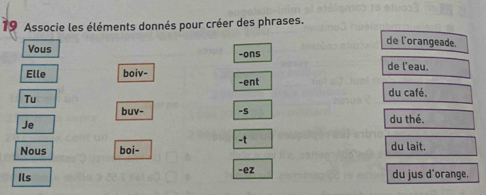 Associe les éléments donnés pour créer des phrases. 
de l'orangeade. 
Vous -ons 
Elle boiv- de l'eau. 
-ent du café. 
Tu 
buv- - 5 du thé. 
Je 
-t 
Nous boi- du lait. 
Ils -ez du jus d'orange.