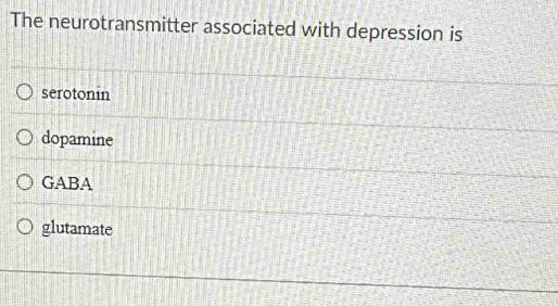 The neurotransmitter associated with depression is
serotonin
dopamine
GABA
glutamate