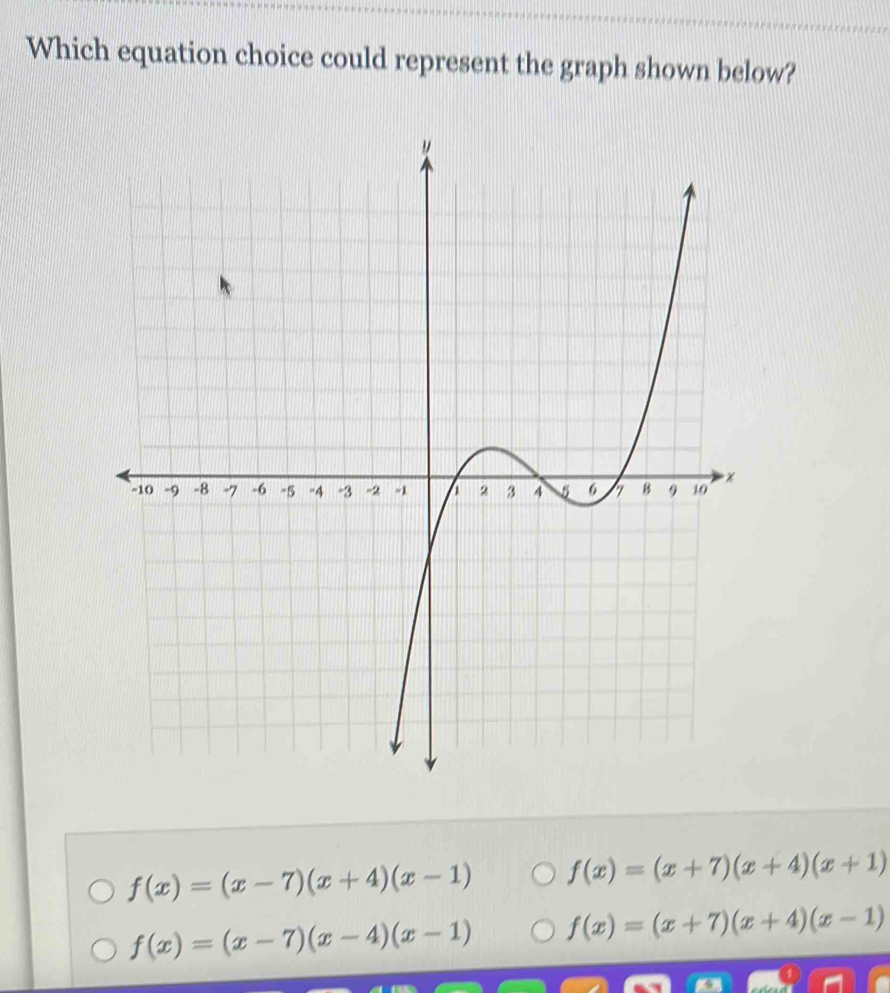 Which equation choice could represent the graph shown below?
f(x)=(x-7)(x+4)(x-1) f(x)=(x+7)(x+4)(x+1)
f(x)=(x-7)(x-4)(x-1) f(x)=(x+7)(x+4)(x-1)