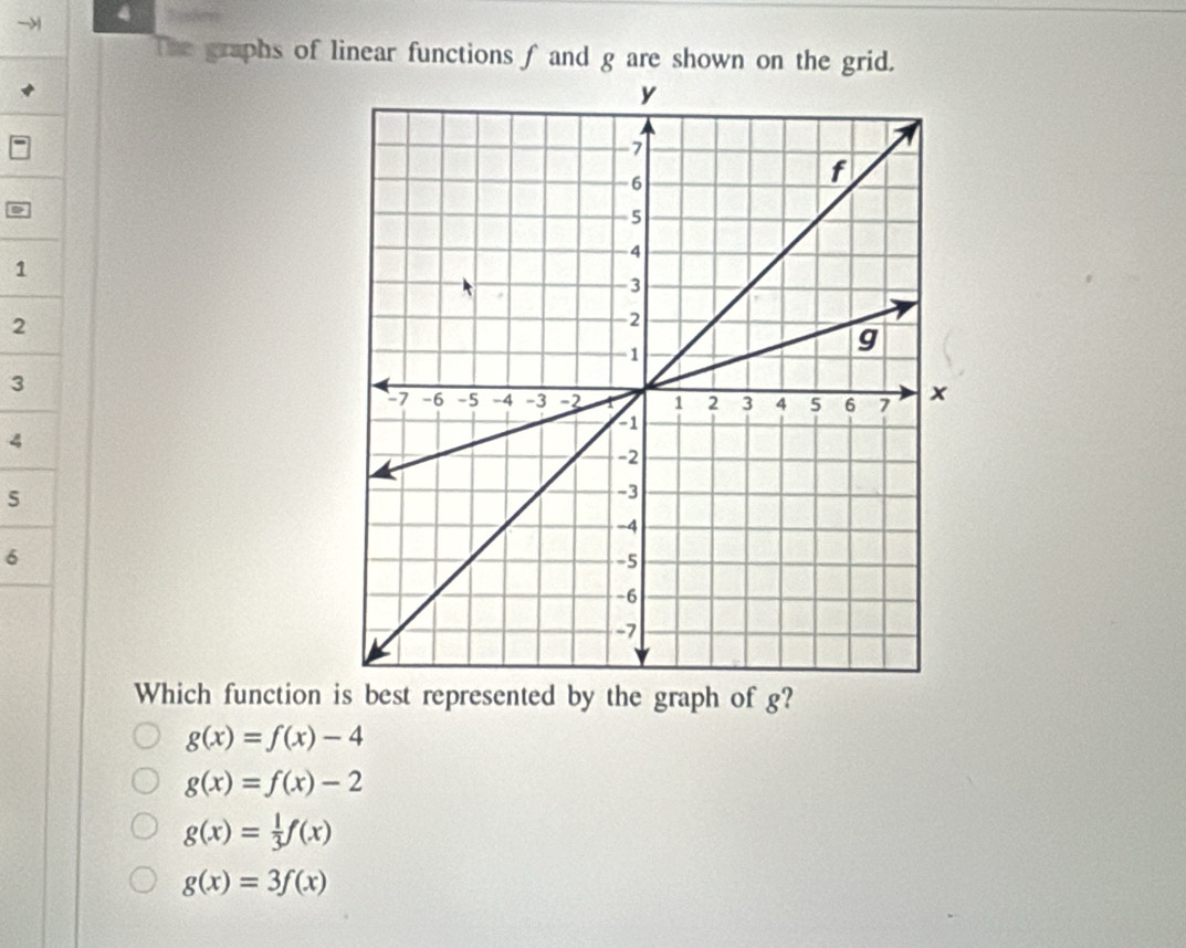 The graphs of linear functions f and g are shown on the grid.
1
2
3
4
5
6
Which function is best represented by the graph of g?
g(x)=f(x)-4
g(x)=f(x)-2
g(x)= 1/3 f(x)
g(x)=3f(x)