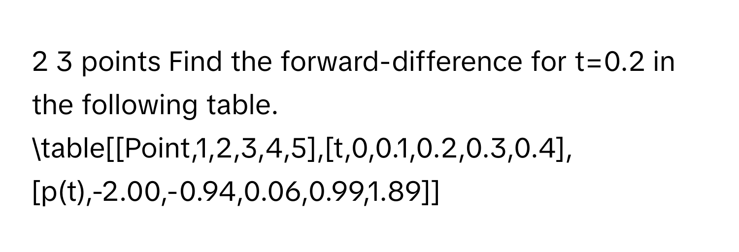 2 3 points Find the forward-difference for t=0.2 in the following table. 
table[[Point,1,2,3,4,5],[t,0,0.1,0.2,0.3,0.4],[p(t),-2.00,-0.94,0.06,0.99,1.89]]