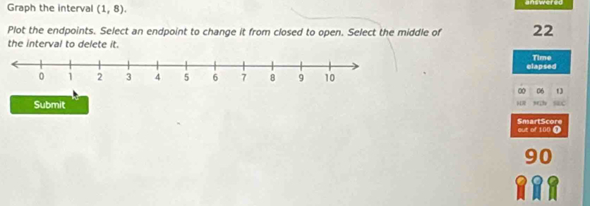 Graph the interval (1,8). answered 
Plot the endpoints. Select an endpoint to change it from closed to open. Select the middle of
22
the interval to delete it. 
Time 
elapsed
06 1
Submit 
HR 
SmartScore 
out of 100 Ω