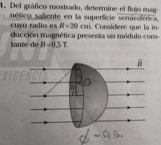 Del gráfico mostrado, determine el flujo mag-
nético saliente en la superficie semiesférica,
cuyo radio es R=20cm. Considere que la in-
ducción magnética presenta un módulo cons-
tante de B=0,5T.