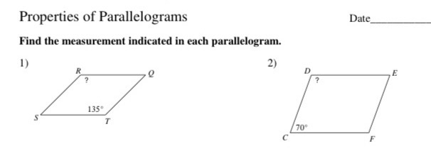 Properties of Parallelograms Date_
Find the measurement indicated in each parallelogram.
2)
1)