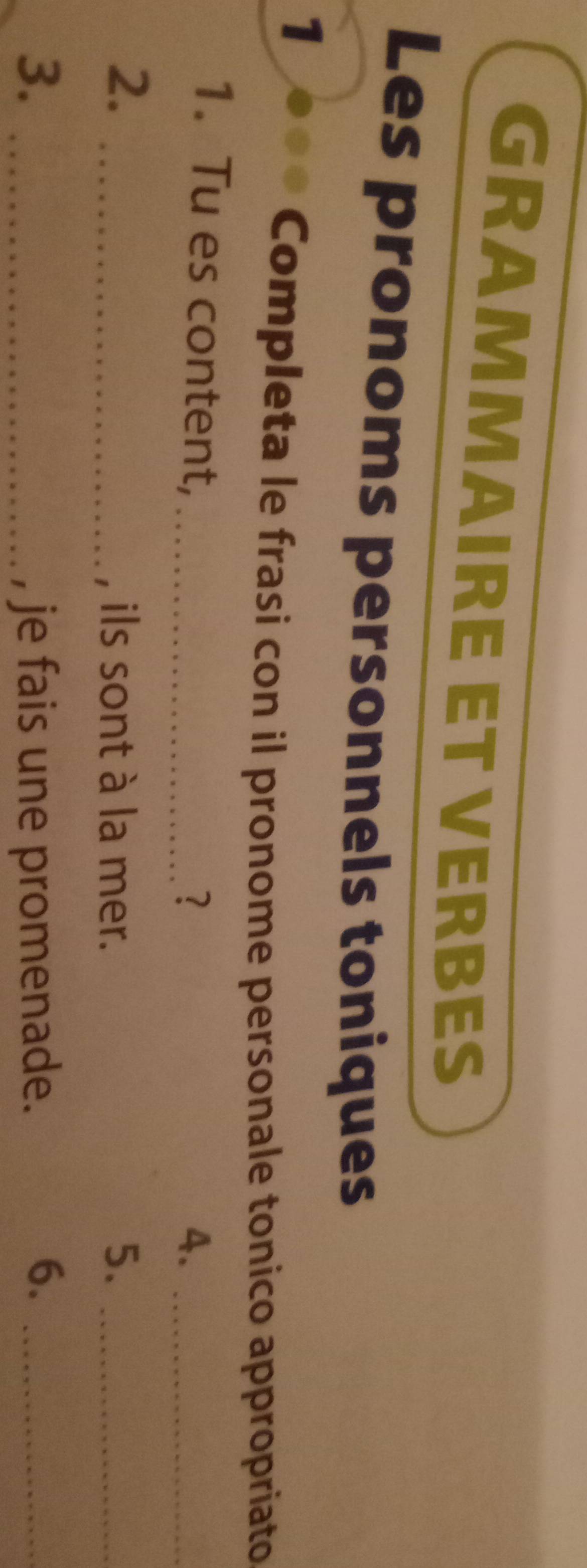 GRAMMAIRE ET VERBES 
Les pronoms personnels toniques 
1 
Completa le frasi con il pronome personale tonico appropriato 
1. Tu es content,_ 
? 
4._ 
2._ 
, ils sont à la mer. 5._ 
3. _, je fais une promenade. 
6._