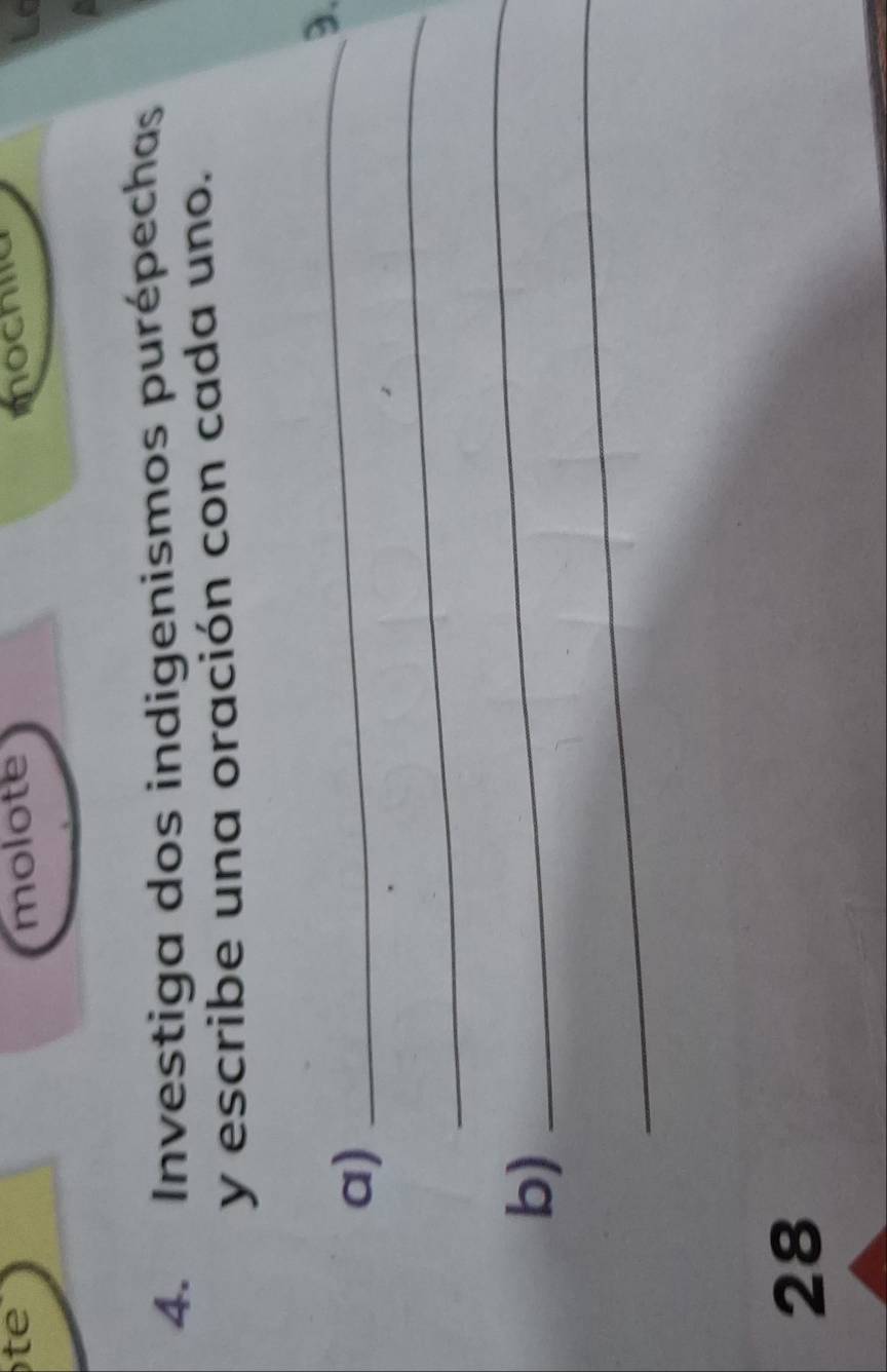 te molote mochiia 
4. Investiga dos indigenismos purépechas 
y escribe una oración con cada uno. 
a) 
_3. 
_ 
_ 
b) 
_ 
28