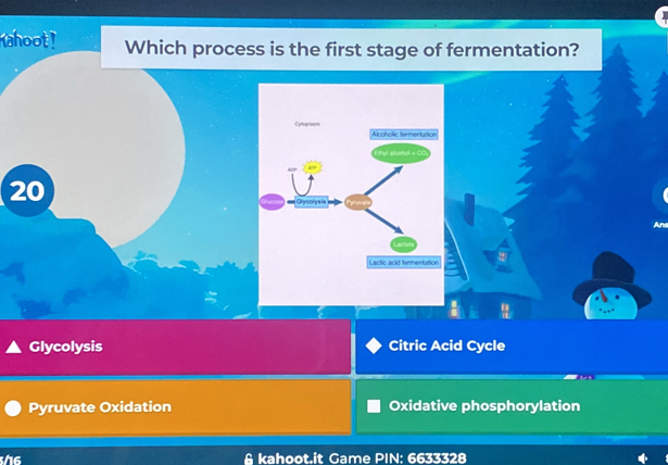 Kahoot! Which process is the first stage of fermentation?
Cytopiasm Alcoholic termentution
I shyt aloonol + CC
20
Ghyoolysis
Are
Lactu
Lactic acid termentation
Glycolysis Citric Acid Cycle
Pyruvate Oxidation Oxidative phosphorylation
sh6 A kahoot.it Game PIN: 6633328