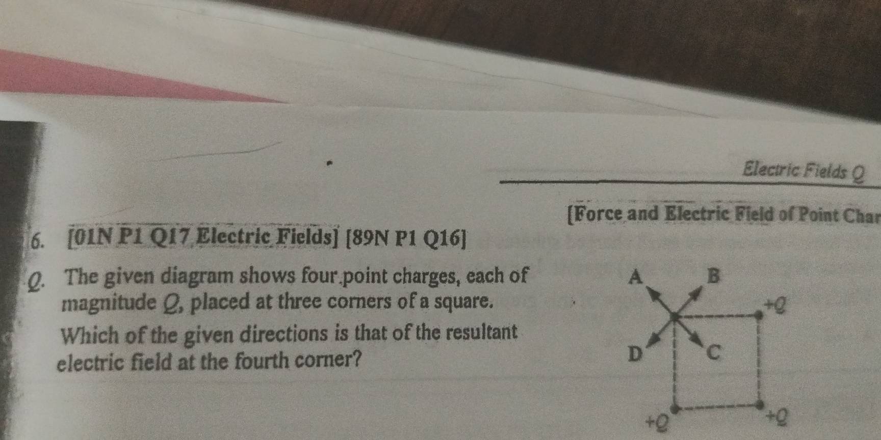 Electric Fields Q
[Force and Electric Field of Point Char 
6. [01N P1 Q17 Electric Fields] [89N P1 Q16] 
Q. The given diagram shows four.point charges, each of 
magnitude Q, placed at three corners of a square. 
Which of the given directions is that of the resultant 
electric field at the fourth corner?