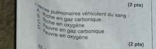 'ées pulmonaires véhiculent du san : 
A flice en gaz carbonique 
* iche en oxypène * Pauvre en oxygène 
S Pauvre en gaz carbonique 
(2 pts)