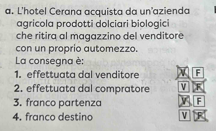 L’hotel Cerana acquista da un'azienda 
agricola prodotti dolciari biologici 
che ritira al magazzino del venditore 
con un proprio automezzo. 
La consegna è: 
1. effettuata dal venditore V F
2. effettuata dal compratore V F
3. franco partenza 
F 
4. franco destino V F