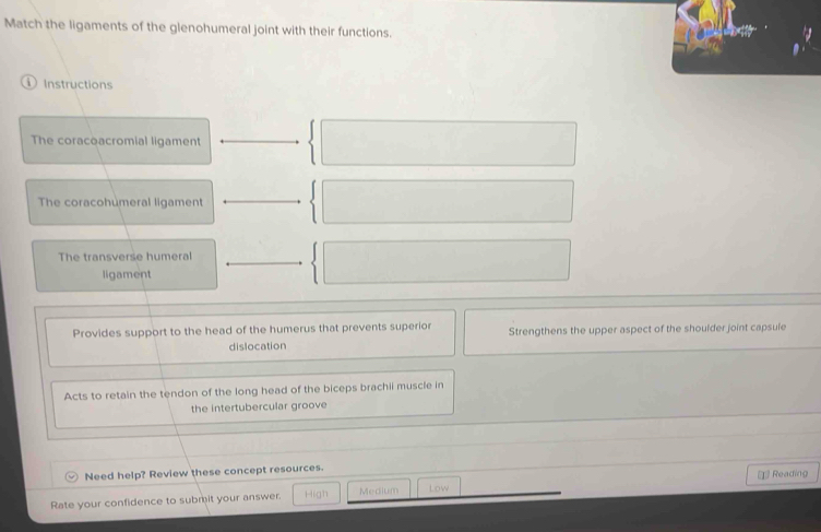 Match the ligaments of the glenohumeral joint with their functions. 
Instructions 
The coracoacromial ligament 
The coracohumeral ligament 
The transverse humeral 
ligament 
Provides support to the head of the humerus that prevents superior Strengthens the upper aspect of the shoulder joint capsule 
dislocation 
Acts to retain the tendon of the long head of the biceps brachii muscle in 
the intertubercular groove 
Need help? Review these concept resources. 
Rate your confidence to submit your answer. High Medium Low = Reading