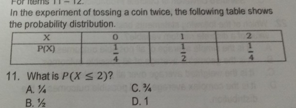 For Items 11- 1∠
In the experiment of tossing a coin twice, the following table shows
the probability distribution.
11. What is P(X≤ 2) ?
A. ¼ C. ¾
B.½ D. 1