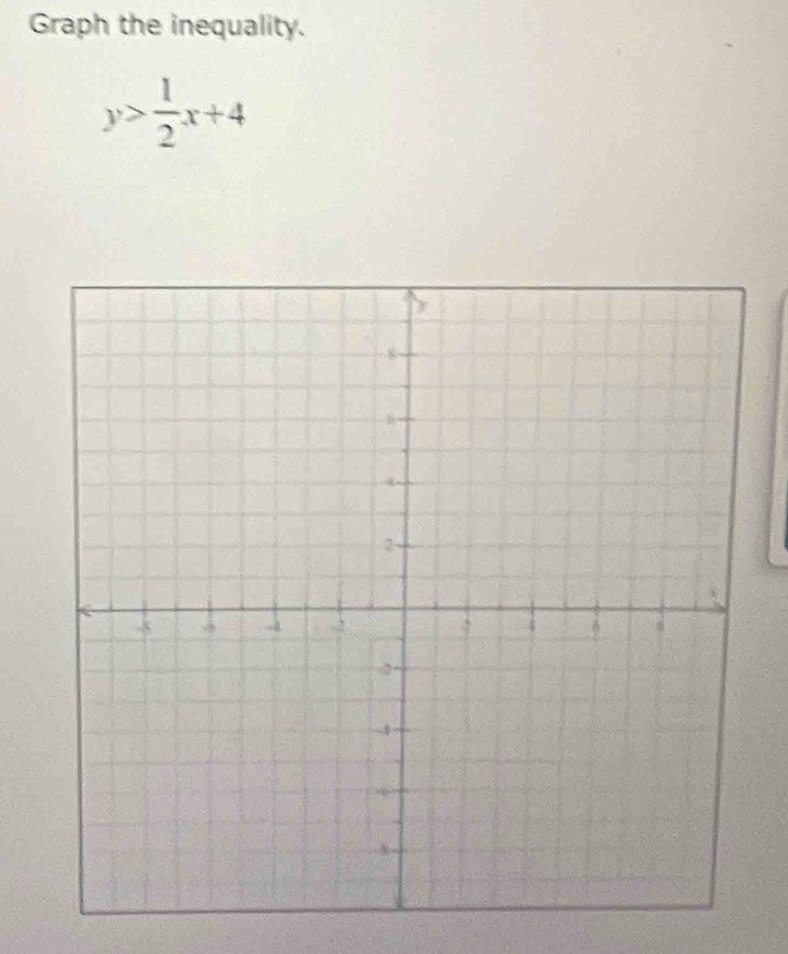 Graph the inequality.
y> 1/2 x+4