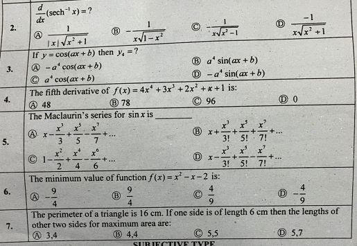  d/dx (sec h^(-1)x)= ?
2
3
4.
5.
6.
7
Ⓐ 3,4 Ⓑ 4,4
