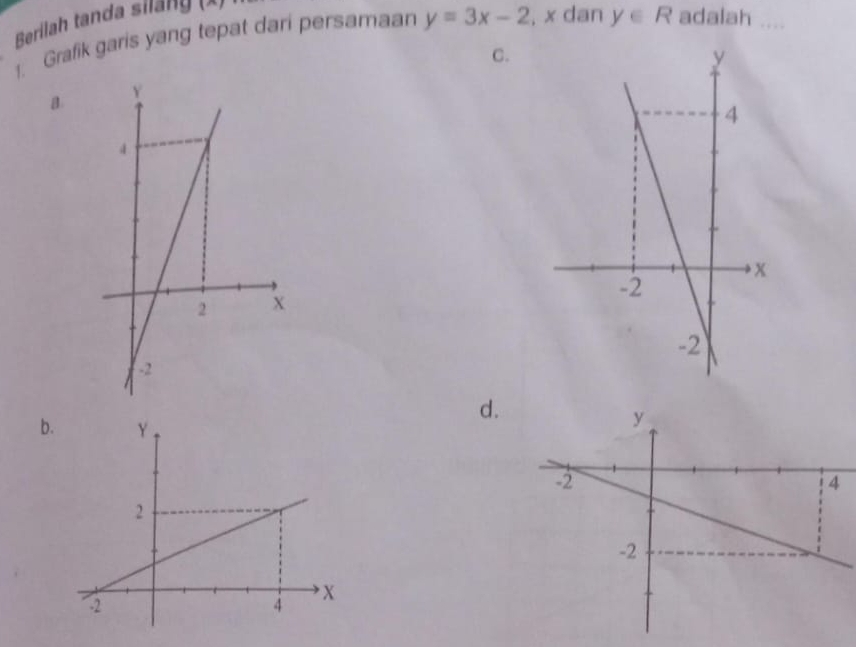 Berilah tanda siläng (1)
1. Grafik garis yang tepat dari persamaan y=3x-2 , x dan y∈ R adalah_
C.
B
d.
b