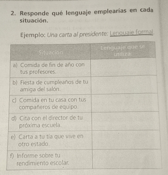 Responde qué lenguaje emplearías en cada 
situación. 
Ejemplo: Una carta al presidente: Lenquaie formal.