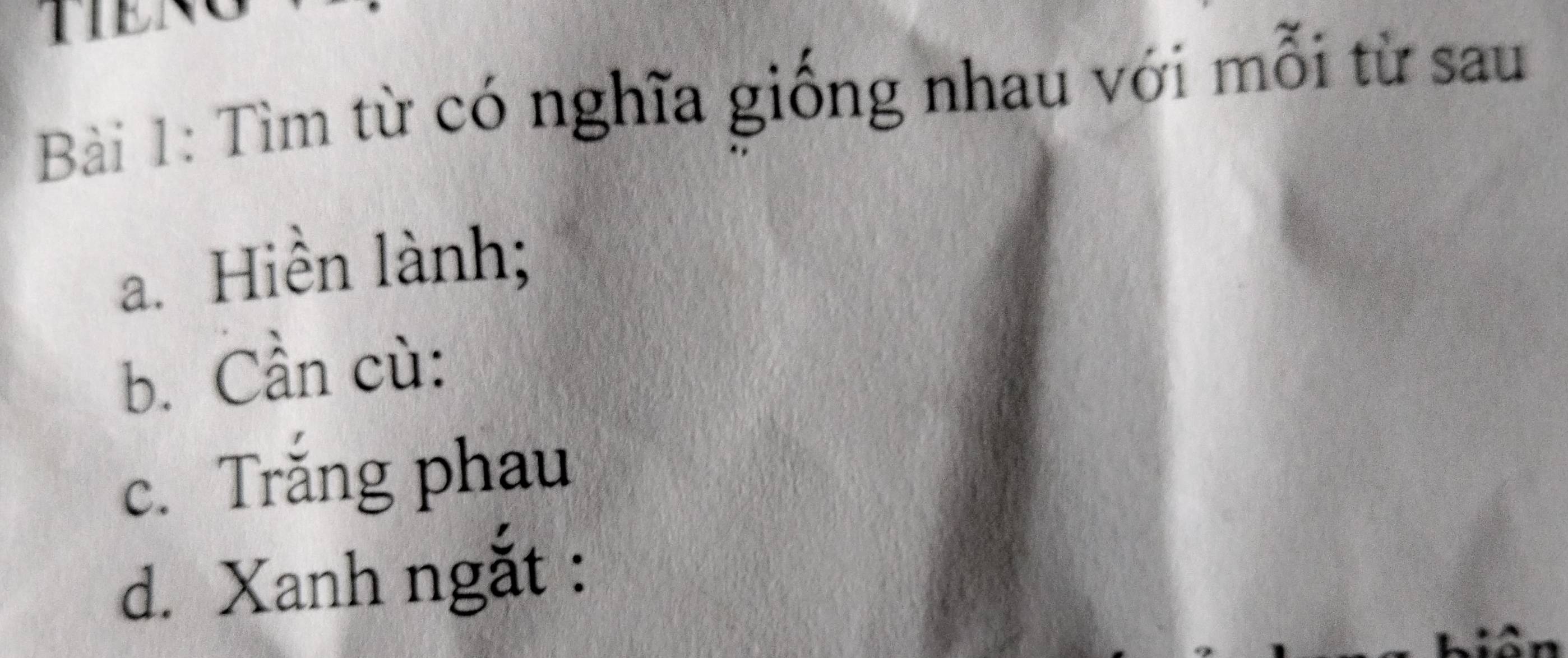 Tìm từ có nghĩa giống nhau với mỗi từ sau 
a. Hiền lành; 
b. Cần cù: 
c. Trắng phau 
d. Xanh ngắt :