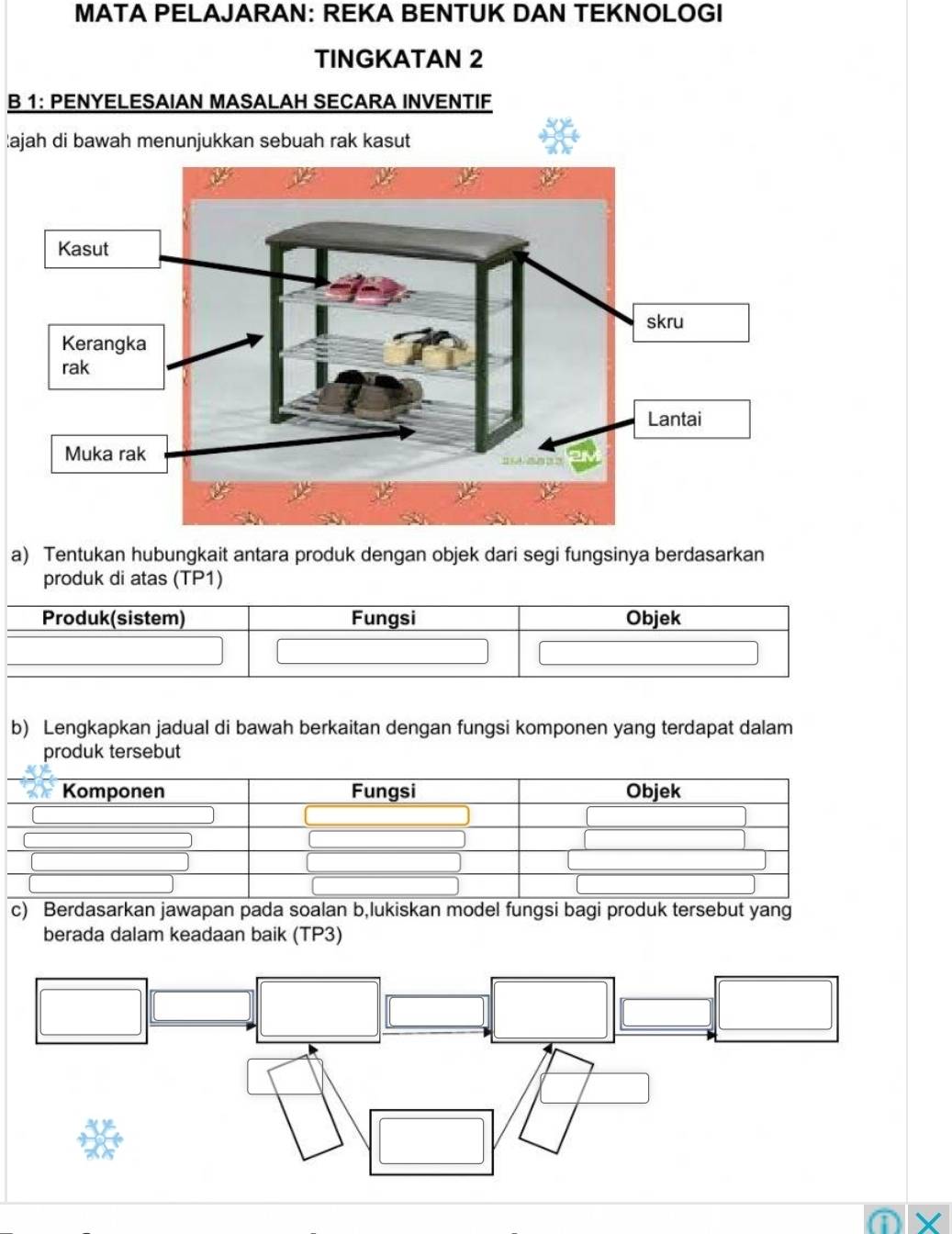 MATA PELAJARAN: REKA BENTUK DAN TEKNOLOGI 
TINGKATAN 2 
B 1: PENYELESAIAN MASALAH SECARA INVENTIF 
ajah di bawah menunjukkan sebuah rak kasut 
a) Tentukan hubungkait antara produk dengan objek dari segi fungsinya berdasarkan 
produk di atas (TP1) 
Produk(sistem) Fungsi Objek 
b) Lengkapkan jadual di bawah berkaitan dengan fungsi komponen yang terdapat dalam 
produk tersebut 
c) Berdasarkan jawapan pada soalan b,lukiskan model fungsi bagi produk tersebut yang 
berada dalam keadaan baik (TP3)