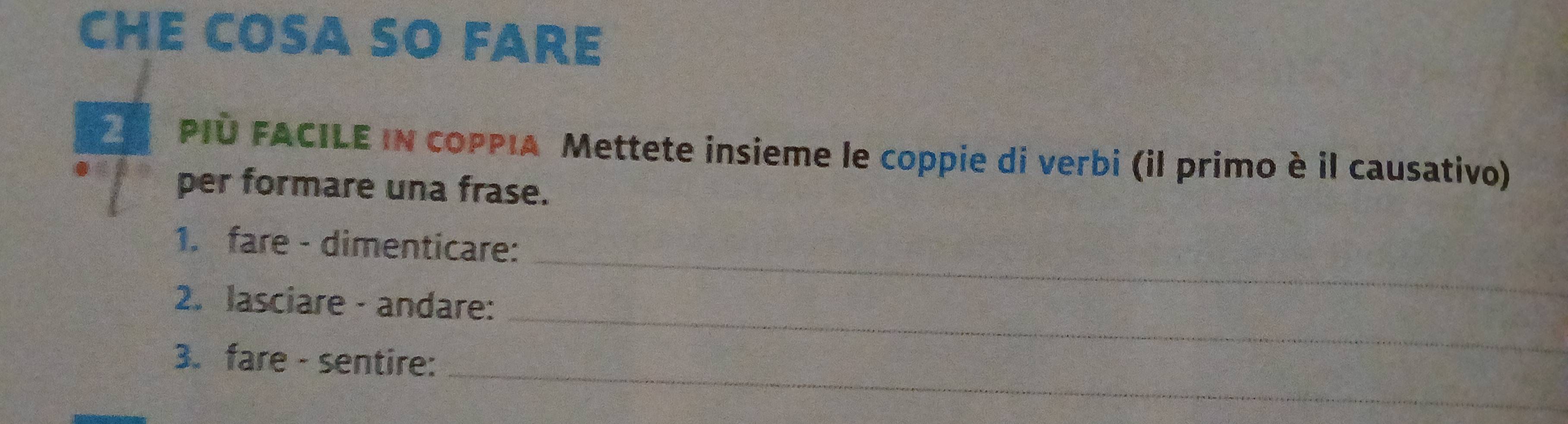 CHE COSA SO FARE 
2 PIÚ FACILE IN cOPPIA Mettete insieme le coppie di verbi (il primo è il causativo) 
per formare una frase. 
_ 
1. fare - dimenticare: 
_ 
2. lasciare - andare: 
_ 
3. fare - sentire: