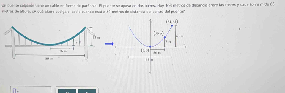 Un puente colgante tiene un cable en forma de parábola. El puente se apoya en dos torres. Hay 168 metros de distancía entre las torres y cada torre mide 63
metros de altura. ¿A qué altura cuelga el cable cuando está a 56 metros de distancia del centro del puente? 
y (84,63)
(56,b)
63 m
? m
(0,0) 56 m
168 m
m