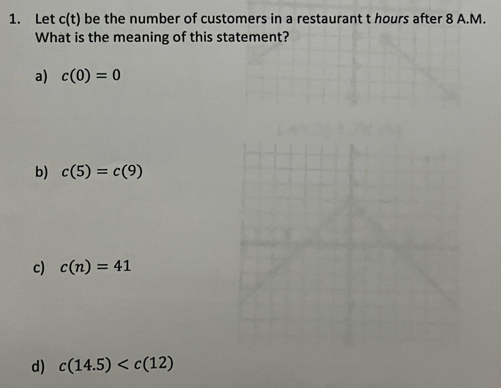 Let c(t) be the number of customers in a restaurant t hours after 8 A.M.
What is the meaning of this statement?
a) c(0)=0
b) c(5)=c(9)
c) c(n)=41
d) c(14.5)