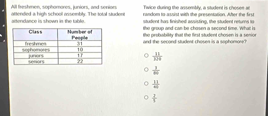 All freshmen, sophomores, juniors, and seniors Twice during the assembly, a student is chosen at
attended a high school assembly. The total student random to assist with the presentation. After the first
attendance is shown in the table. student has finished assisting, the student returns to
the group and can be chosen a second time. What is
the probability that the first student chosen is a senior
and the second student chosen is a sophomore?
 11/320 
 3/80 
 11/40 
 2/5 