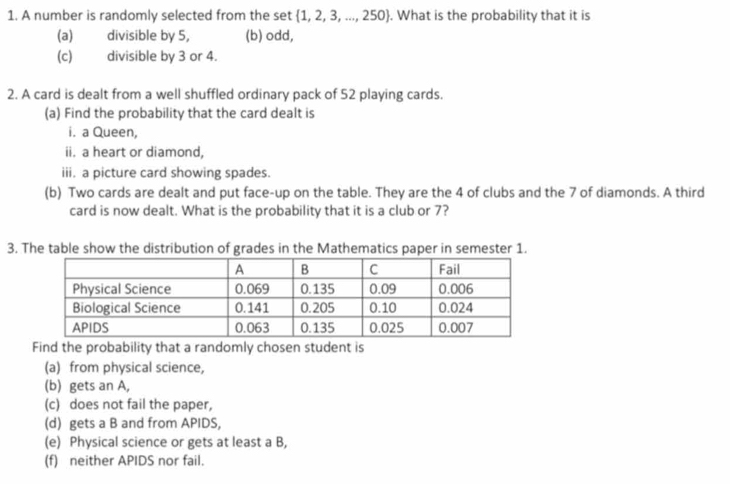 A number is randomly selected from the set  1,2,3,...,250. What is the probability that it is
(a) divisible by 5, (b) odd,
(c) divisible by 3 or 4.
2. A card is dealt from a well shuffled ordinary pack of 52 playing cards.
(a) Find the probability that the card dealt is
i. a Queen,
ii. a heart or diamond,
iii. a picture card showing spades.
(b) Two cards are dealt and put face-up on the table. They are the 4 of clubs and the 7 of diamonds. A third
card is now dealt. What is the probability that it is a club or 7?
3. The table show the distribution of grades in the Mathematics paper in semester 1.
Find the probability that a randomly chosen student is
(a) from physical science,
(b) gets an A,
(c) does not fail the paper,
(d) gets a B and from APIDS,
(e) Physical science or gets at least a B,
(f) neither APIDS nor fail.