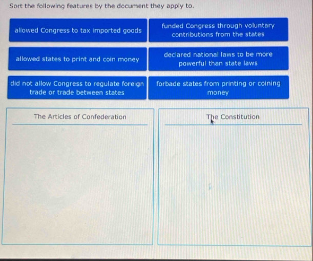 Sort the following features by the document they apply to.
allowed Congress to tax imported goods funded Congress through voluntary
contributions from the states
allowed states to print and coin money declared national laws to be more
powerful than state laws
did not allow Congress to regulate foreign forbade states from printing or coining
trade or trade between states money
The Articles of Confederation The Constitution