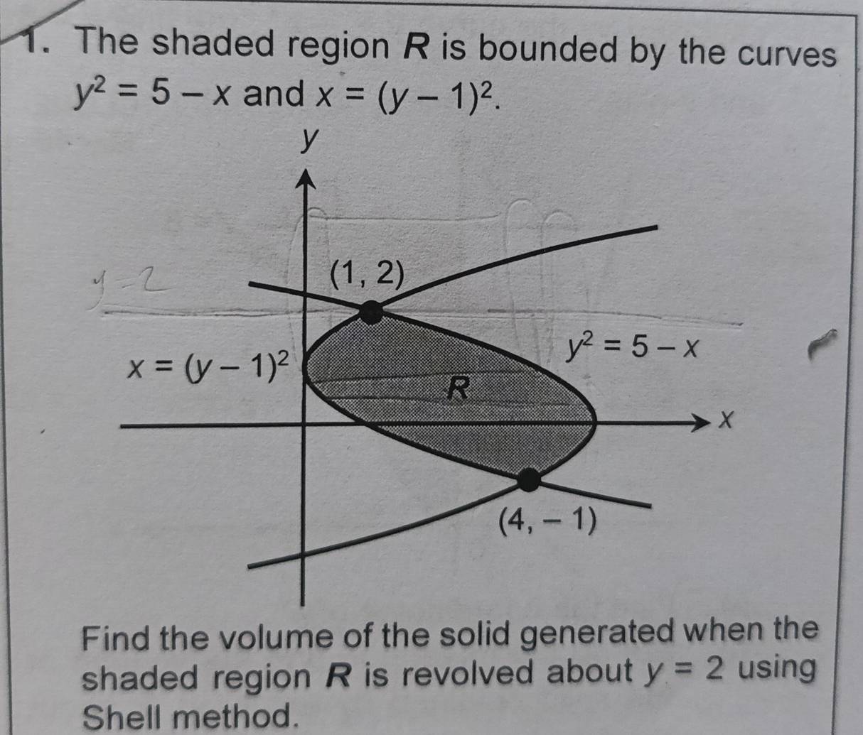 The shaded region R is bounded by the curves
y^2=5-x and x=(y-1)^2.
y
(1,2)
y^2=5-x
x=(y-1)^2
R
X
(4,-1)
Find the volume of the solid generated when the 
shaded region R is revolved about y=2 using 
Shell method.