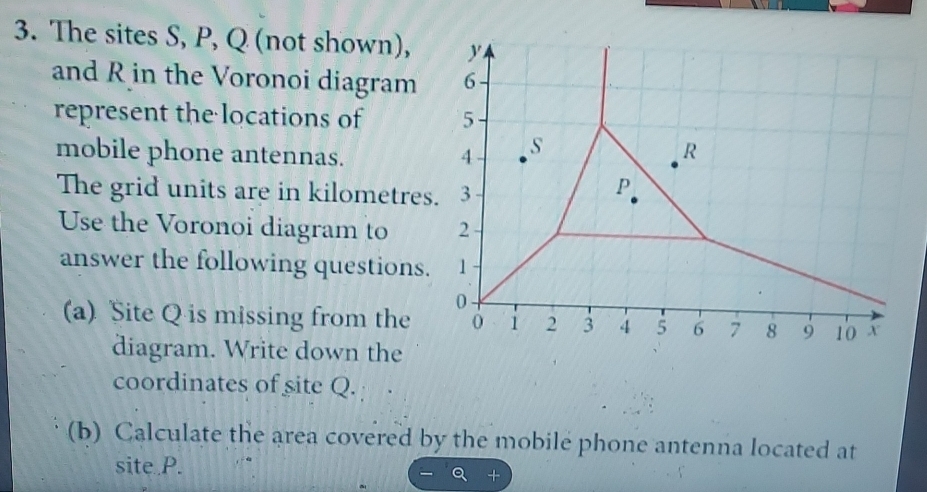 The sites S, P, Q (not shown), y
and R in the Voronoi diagram 6
represent the locations of 5
mobile phone antennas. 4 s R
The grid units are in kilometres. 3
P
Use the Voronoi diagram to 2
answer the following questions. 1
0
(a) Site Q is missing from the 0 1 2 3 4 5 6 7 8 9 10 x
diagram. Write down the 
coordinates of site Q. 
(b) Calculate the area covered by the mobile phone antenna located at 
site P.