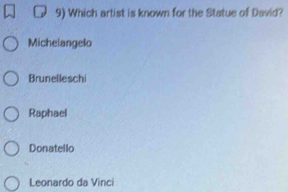 Which artist is known for the Statue of David?
Michelangelo
Brunelleschi
Raphael
Donatello
Leonardo da Vinci